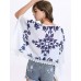 Women's Causal Loose Print Round Neck Lace Big Sleeve Blouse