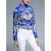 Women's Casual/Daily Vintage All Seasons ShirtPrint Shirt Collar Long Sleeve Blue Polyester Medium