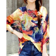 Women's Casual/Daily Boho Summer Blouse,Print Round Neck ? Sleeve Orange Polyester Thin