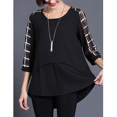 Women's Casual/Daily Plus Size / Street chic Summer Blouse,Check Round Neck ? Sleeve Black Silk / Polyester Thin