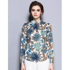 Women's Going out Vintage Spring BlousePrint Stand Long Sleeve Blue Cotton / Polyester Thin