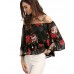 Women's Going out Sexy / Street chic All Seasons Blouse,Floral Boat Neck Long Sleeve Black Polyester Thin