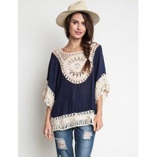 Women's Patchwork Lace Bohemian style Hollow Out Blouse,Round Neck ? Length Sleeve