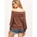 Women's Casual Fall / Winter T-shirt Solid Off Shoulder Long Sleeve White / Brown Shirt