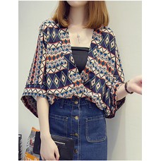 Women's Going out / Casual/Daily Vintage Summer Blouse,Print V Neck ? Sleeve Blue / Orange Polyester Thin