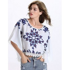 Women's Causal Loose Print Round Neck Lace Big Sleeve Blouse