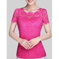 Women's Casual/Daily / Plus Size Fall Blouse,Solid Round Neck Short Sleeve Blue / Pink / White / Beige / Black Polyester Translucent