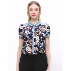 Women's Going out Vintage Summer ShirtPrint Shirt Collar Short Sleeve Blue / Green Cotton / Polyester Opaque
