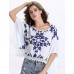 Women's Causal Loose Print Round Neck Lace Big Sleeve Blouse