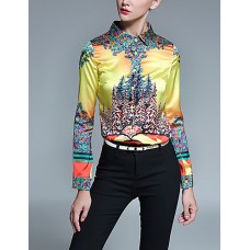 Women's Casual/Daily Vintage All Seasons ShirtPrint Shirt Collar Long Sleeve Yellow Polyester Medium
