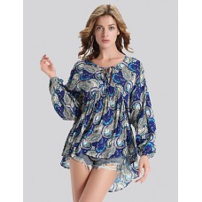 Women's Plus Size Vintage Fall T-shirt,Print Round Neck Long Sleeve Blue Polyester Opaque