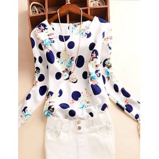 Women's Print BlueWhite Blouse , Round Neck Long Sleeve