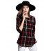 Women Ladies Blouse Plaid Print O Neck 3/4 Sleeve Plus Size Casual Loose Vintage Shirt Tops