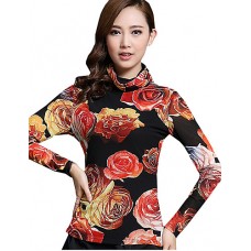 Spring/Fall Women's Casual/Daily Tops Turtleneck Long Sleeve Fashion Floral Printing Gauze Blouse Shirt