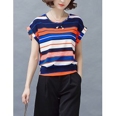 Women's Casual/Daily Boho / Street chic Blouse,Striped Round Neck Short Sleeve Gray Polyester Thin