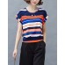 Women's Casual/Daily Boho / Street chic Blouse,Striped Round Neck Short Sleeve Gray Polyester Thin