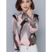 Spring Fall Go out Casual Women's Tops Fashion Wild Pink Printing Stand Collar Long Sleeve Chiffon Blouse