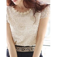 Women's Cute Beaded Neck Embroidered Lace and Mesh Top