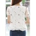 Women's Print White / Black Blouse,Round Neck Short Sleeve