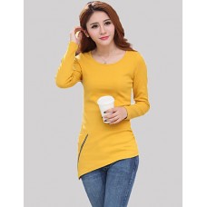 Women's Casual/Daily Simple Fall T-shirtSolid Round Neck Long Sleeve Black / Yellow Cotton Medium