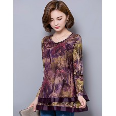 Women's Plus Size / Going out / Casual/Daily Street chic Spring / Fall BlousePrint Round Neck Long Sleeve