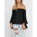 Women's Solid White / Black Blouse,Boat Neck ? Sleeve