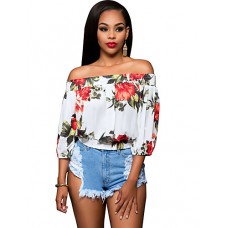 Women's Sexy Simple Boat Neck Off Shoulder Floral Print Summer Blouse