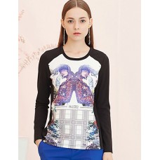 Women's Going out Street chic Spring / Fall T-shirtPrint Round Neck Long Sleeve Black