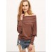 Women's Casual Fall / Winter T-shirt Solid Off Shoulder Long Sleeve White / Brown Shirt