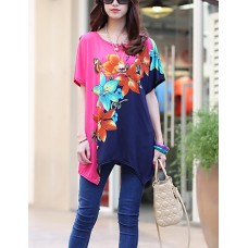 Women's Casual/Daily Boho / Street chic Summer T-shirt,Floral Round Neck Short Sleeve Pink Rayon Thin