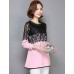 Women's Patchwork Pink / Red / Black Long section Blouse,Casual Lace Cut Out Fashion Round Neck ? Sleeve Polyester/Nylon
