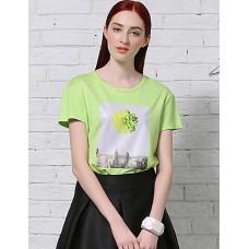 Women's Casual/Daily Simple Summer T-shirtPrint Round Neck Short Sleeve White / Green