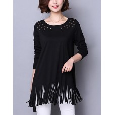 Women's Casual/Daily / Plus Size Street chic Fall T-shirt,Solid Round Neck Long Sleeve Black Cotton Medium