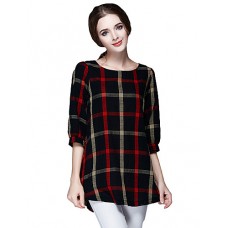 Women Ladies Blouse Plaid Print O Neck 3/4 Sleeve Plus Size Casual Loose Vintage Shirt Tops