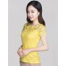 Summer Plus Size Women Solid Color Round Neck Short Sleeve Lace Blouse Slim Was Thin T-shirt Tops