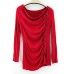 Women's Casual/Daily Vintage All Seasons T-shirt,Solid Cowl Long Sleeve Red / Black Polyester Thin