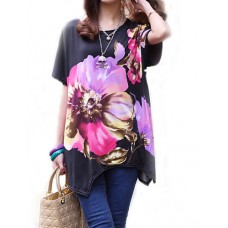 Women's Casual/Daily Boho / Street chic Summer T-shirt,Floral Round Neck Short Sleeve Black Rayon Thin