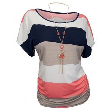 Women's Patchwork Blue / Red T-shirt,Round Neck Short Sleeve