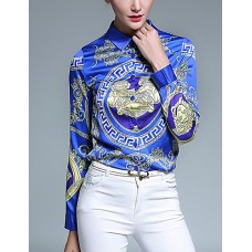Women's Casual/Daily Vintage All Seasons ShirtPrint Shirt Collar Long Sleeve Blue Polyester Medium
