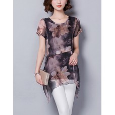 Women's Going out / Casual/Daily Street chic ,Print Round Neck Short Sleeve Brown Polyester Thin
