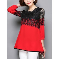 Women's Patchwork Pink / Red / Black Long section Blouse,Casual Lace Cut Out Fashion Round Neck ? Sleeve Polyester/Nylon